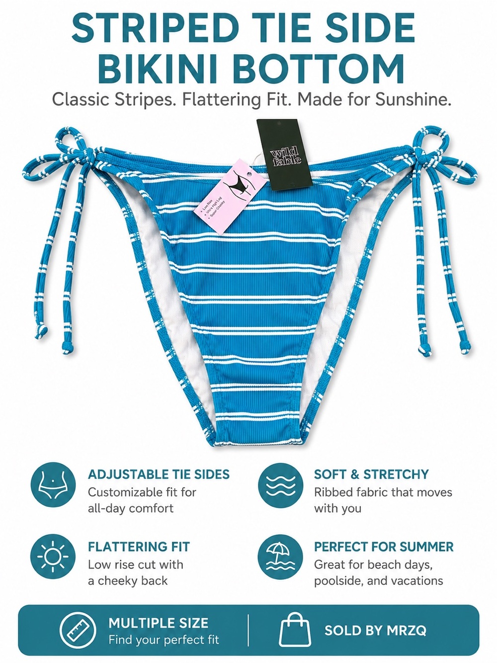 wild fable Turquoise and White Striped Tie-Side Bikini Bottom